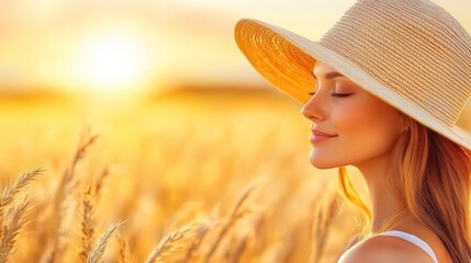Woman in Straw Hat Serene in Golden Wheat Field