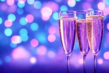 Three Glasses of Sparkling Champagne Against a Festive Background