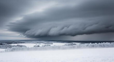 Obraz premium A winter landscape with a snow covered field and dark storm clouds looming overhead in the sky above ai generated