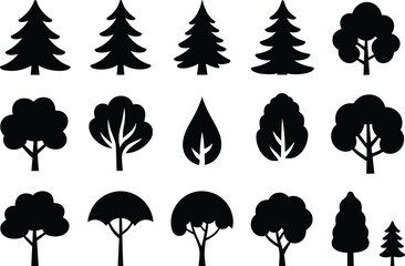 Tree silhouette icons, black vector trees, abstract foliage shapes, nature graphic set, minimalist forest design, botanical clipart, landscape elements