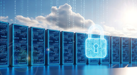 Server Racks with Digital Lock and Binary Code in Sky data center technology