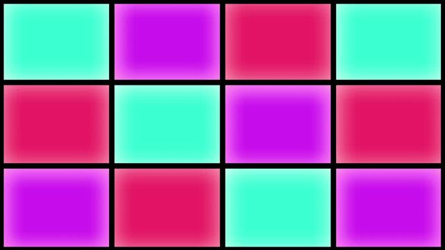 fluorescent neon disco tv video wall of alternating flashing multi-coloured squares of bright vibrant colours 4K music pop promo video wallpaper background animated motion backdrop animation