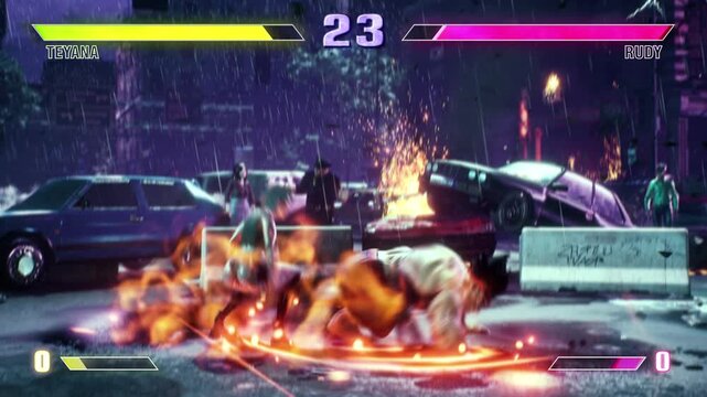 Powerful enemy character defeating the player in the fighting simulator. The opponent uses magic hero power to defeat the player. Powerful rival defeating the player in the gaming round.