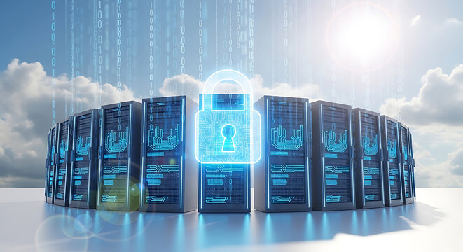 Server Racks with Digital Lock and Binary Code in Sky data center technology