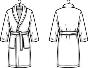 Bathrobe CAD flat sketch front and back view, white robe with belt and pockets, fashion flat vector loungewear sleepwear clothing design illustration © MstRowshona