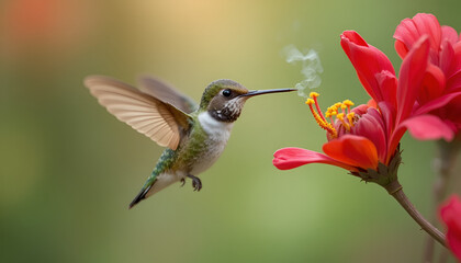 Fototapeta premium Ruby Throated Hummingbird Feeding on a Red Flower Delicate Beauty