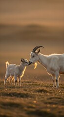 Fototapeta premium A Tender Moment A Mother Goat Nuzzles Her Young Kid in the Warm Golden Light of Sunset on a Grassy Field