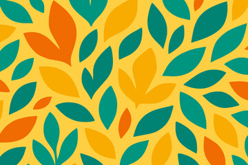A vibrant and colorful pattern of leaves in shades of green and orange, set against a bright yellow background, creating an energetic and fresh design