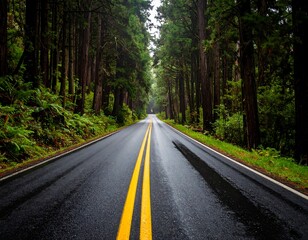 Fototapeta premium A wet road through a redwood forest