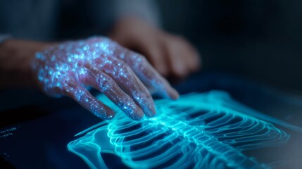 Woman hand interacting with virtual skeleton on futuristic screen. Innovative medical technology for diagnosis and treatment. Artificial intelligence concept.