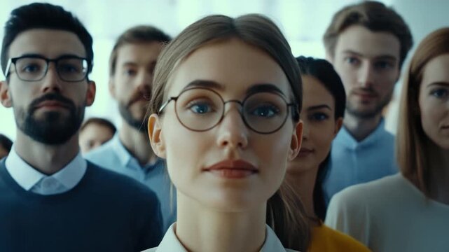 A woman wearing glasses stands among a group of people, suitable for use as a generic audience illustration