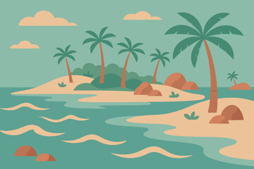 Fototapeta premium A tranquil tropical island with palm trees, soft sand, and gentle waves under a pastel sky, evoking a peaceful and relaxing atmosphere. Perfect for beach, vacation, and tropical-themed designs.