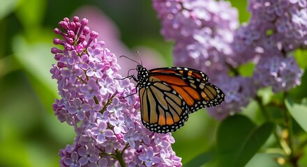 Monarch Butterfly Feeds on Lilac Blooms in a Spring Garden Setting