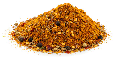 Assorted ground Masala spices arranged in a pile on white background  