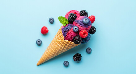 Forest fruit with ice cream cone on blue pastel background. Flat lay. Summer concept.
