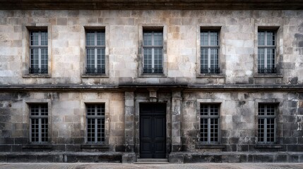 Fototapeta premium Classic stone building facade with symmetrical and a central dark door under overcast daylight showing weathered historical architecture