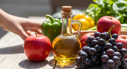 Fresh apples grapes peppers and bottle of oil on wooden table