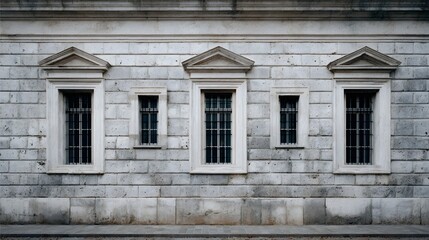 Classic stone building facade with symmetrical and decorative pediments under overcast daylight