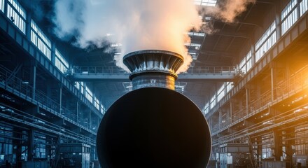 A large industrial tank with steam rising in a factory with overhead beams and window lighting seen