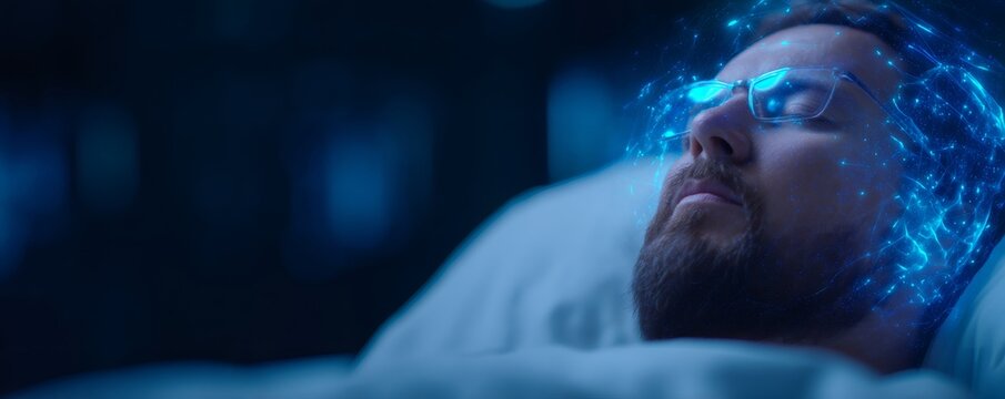 Caucasian man resting in bed with glowing blue neural network overlay. Artificial intelligence and brain activity concept. Future of medicine.