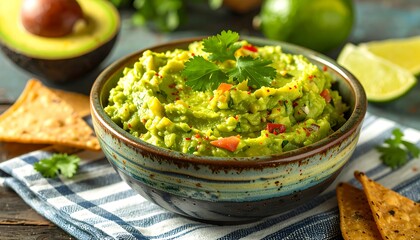Fresh guacamole in a bowl with tortilla chips