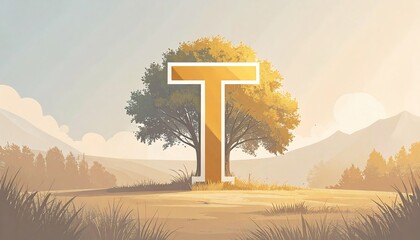 A stylized 'T' in a landscape
