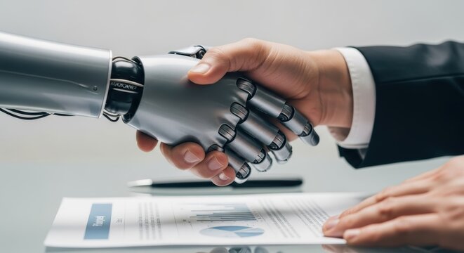 A close up of a handshake between a human and a robot over a contract on a white surface table top