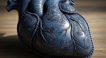 Intricate dark blue sculpted heart with ornate floral filigree and subtle wood grain background, symbolizing deep emotion and artistic expression.