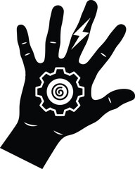 Black silhouette hand with gear and lightning symbols, abstract mechanical and energy concept, stylized graphic illustration for technology, power, and symbolic stock design