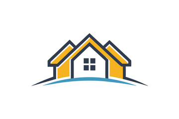 Fototapeta premium Three yellow and white roof outlines with window icons sit atop blue waves