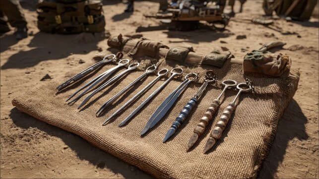 Surgical Instruments Display on a Burlap Surface in Outdoor Setting