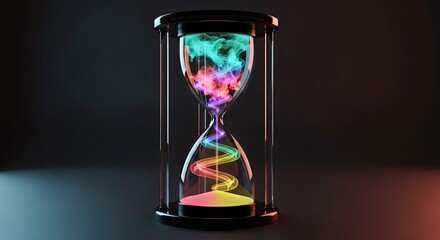 A vibrant hourglass filled with colorful smoke and sand against a dark background