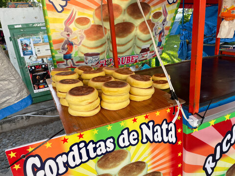 Gorditas de Nata, Mexican style clotted cream biscuits in street market, tianguis, gorditas de nata stand at the flea market. Guadalajara, Jalisco, M&eacute;xico, 2 de febrero de 2025.