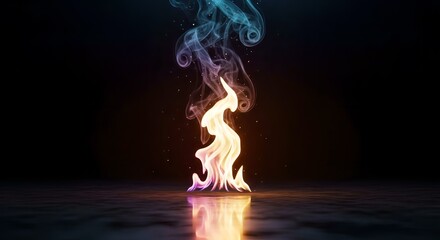 An abstract image of colorful fire and smoke against a dark background with a reflective surface