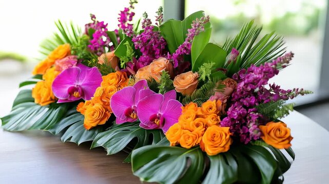 Vibrant tropical flower arrangement on a wooden surface