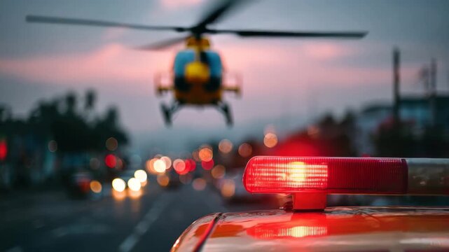 Emergency helicopter lifts into the sky at sunset while police lights flash in the foreground on busy city streets. The atmosphere captures a moment of urgency and activity