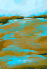 Impressionistic Landscape of Cloud Over Farm, Mountains & Hills-Pasture, Farmland, Meadow, Valley-Digital Painting, Art, Illustration, Design in Aqua & Orange w/Canvas & Paint texture