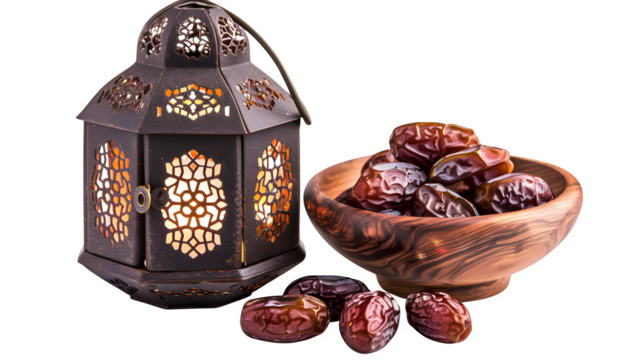 Professional studio image of highly detailed composition of a moroccan-style lantern with intricate cutout patterns and dark metal finish glowing Isolated to Transparent Background