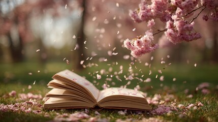 Open book in spring blossoms