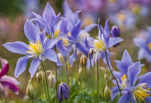 Fototapeta A stunning of elegant purple columbine flowers with their distinctive spurred petals. Perfect for botanical art, springtime designs, and floral themes.