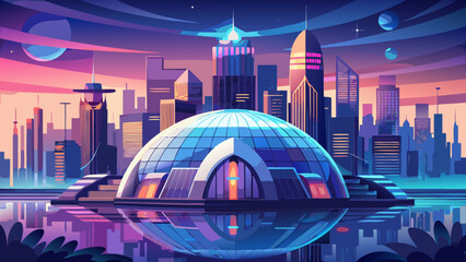 very beautiful futuristic cityscape featuring giant dome structure surrounded by water, illuminated at dusk. skyline showcases modern skyscrapers reflecting in water