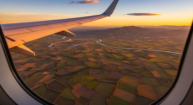 Serene aerial view capturing golden hour hues from an airplane window