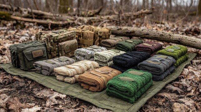 Tactical Gear and Equipment Displayed on Ground in Forest Environment