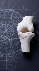 Human knee bone model for orthopedics and bioengineering study. Anatomy lesson and joint replacement research concept.