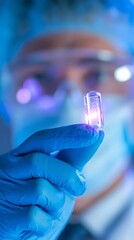 Scientist holding glowing futuristic pill. Laboratory research and development of innovative medicine. Drug discovery and pharmaceutical technology concept.