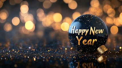Sparkling New Year Globe - Festive New Year's greeting with a rotating black globe, glittering background, gold lettering, and bokeh lights symbolizing celebration, hope, joy, new beginnings, and