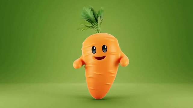 Happy cartoon carrot character with a cheerful expression, standing against a vibrant green background.