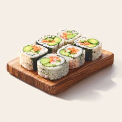 Photorealistic image of vegetable sushi rolls (avocado, cucumber, carrot) on a wooden board, white background