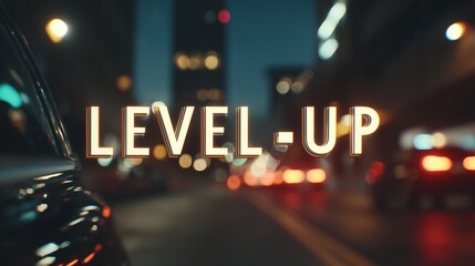 The text 'LEVEL UP' is illuminated at night with the text glowing against blurred city lights. Reflections of the text appear on car surfaces near the glowing street.