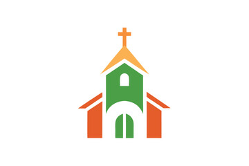 Minimalist church structure showcases a cross on its steeple, featuring green and orange hues